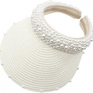 Straw Visor With Pearl Headband Beige One Size